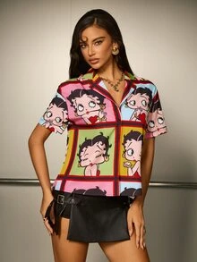 Betty Boop x SHEIN Women's Cartoon Pattern Short Sleeve Single-Breasted Shirt - Black - View 5