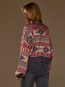 MUSERA Cardigan Rajut Fair Isle dengan Detail Rumbai Bergaris dan Kancing Depan, Model Crop Oversized untuk Musim Gugur dan Musim Dingin, Gaya Koboi Barat yang Imut - MultiWarna - View 3