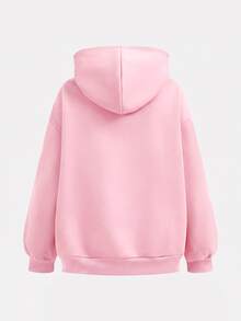 SHEIN Girlism 2件組青少年女孩純色棕色冬季休閒度假返校復古寬鬆圖案秋季連帽衛衣與運動長褲保暖運動套裝 - 粉色 - 查看 5
