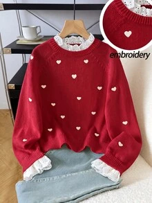 SHEIN 兒童青少年女孩休閒套頭衫 秋季毛衣 優雅刺繡飾邊愛心寬鬆袖套頭毛衣 柔軟舒適加厚內裡 - 紅色 - 查看 2