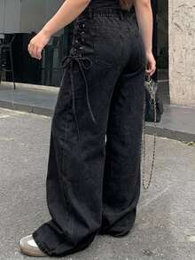 Dazy Plus Casual Washed Side Tie-Up Wide Leg Jeans For Girls, Long Pants, Spring/Autumn - Black - View 5
