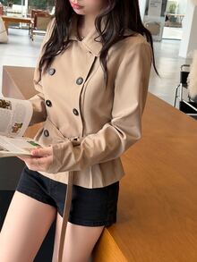 K-Vae Women's Long Sleeve Button-Up Collar Solid Color Casual Trench Coat Jacket - Apricot - View 5