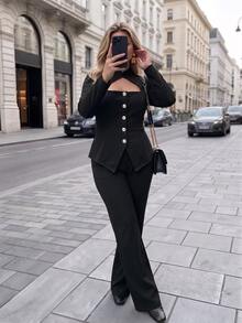 Vionelle Plus Size Knitted High Neck Triangle Collar Long Sleeve Cinched Waist A-Line Split Pants Straight Leg Casual Versatile Commute Office Suit Set - Black - View 4