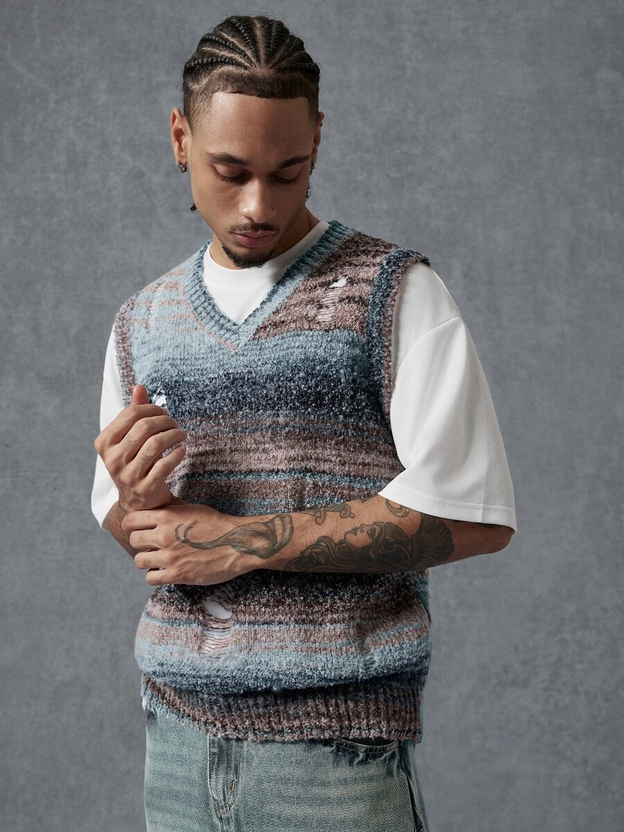 PAVTROS Men's Striped V-Neck Casual Versatile Knit Vest - Blue - View 1