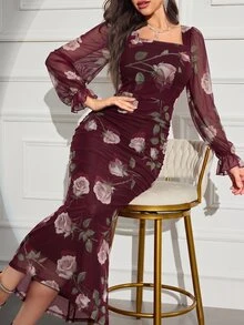 Modelyn 女款優雅純色網紗修身長洋裝，秋季長款晚禮服 - 酒紅色 - 查看 7