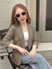 SHEIN 青少年女孩優雅休閒風藍白條紋亞麻西裝外套，大翻領、百褶設計、3/4袖，適合春秋日常穿著 - 卡其色 - 查看 1