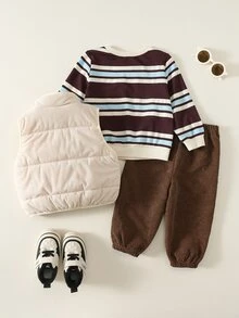 SHEIN 3pcs/Set Baju Bayi Laki-laki Musim Gugur/Dingin Kasual Bergaris Jaket Rompi Tebal Celana Panjang, Set Baju Sweatshirt, Set Bayi, Set Musim Gugur/Dingin, Set Mantel, Set Ski - MultiWarna - View 2