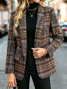 SHEIN Women's Fashion Tweed Plaid Buttonless Cardigan Jacket, Casual Blazer For Autumn/Winter, Suitable For Daily Commute, Outings, Workplace Wear - Brown - View 1