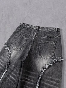 Manfinity Denimwave 男士毛邊下擺口袋休閒寬腿牛仔褲 - 深灰色 - 查看 6