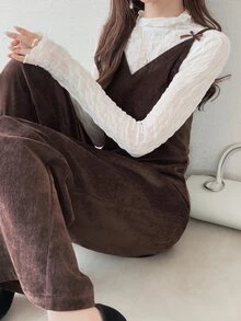 FRIFUL Women's Autumn Solid Color Velvet Bowknot Decor Jumpsuit - Coffee Brown - View 1