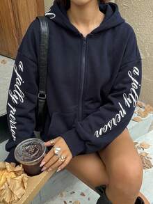 DAZY Women's Deep Blue Collar Zip-Up Letter Print Pocket Loose Drop Shoulder Long Sleeve Casual Sports Sweatshirt Jacket - Navy Blue - View 6