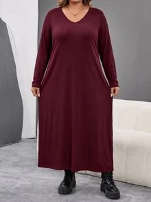 SHEIN CURVE+ Women's Plus Size 22W V-Neck Long Dress, Autumn/Winter - Burgundy - View 4