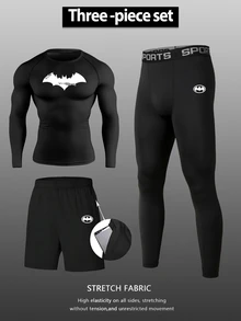 BATMAN X SHEIN Gym Rark 男士蝙蝠印花長袖上衣與織帶飾邊修身長褲口袋短褲運動套裝 - 黑色 - 查看 1