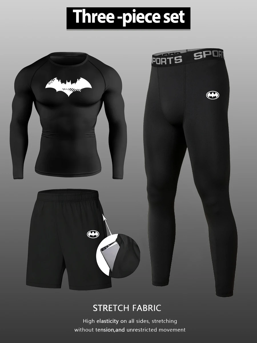 BATMAN X SHEIN Gym Rark 男士蝙蝠印花長袖上衣與織帶飾邊修身長褲口袋短褲運動套裝 - 黑色 - 查看 1