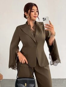 Firerie سترة بليزر كاجوال للنساء بمقاسات كبيرة مع رقعات دانتيل مناسبة للتنقل والسفر - بني مخاوي - مشاهدة 8