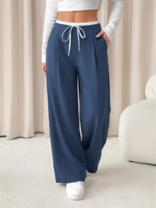 SHEIN PETITE 女款拼色休閒日常穿著長褲，女士春秋休閒抽繩口袋自然風 - 霧霾藍 - 查看 5