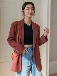 DAZY 女款純色翻領長袖休閒商務休閒西裝外套 - 紅色 - 查看 4