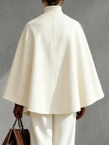 LUMIGAL Women's Cream Wool Blend Cape OverCoat , Leather Buckle Detail, Oversized Cloak Sleeve, Warm Fall Winter Outfit, Chic Office & Daily Wear - Apricot - View 2