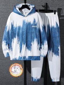 兒童青少年男童 2 件組休閒藍白漸層滿版印花連帽衛衣與運動長褲，適合秋季返校季 - 藍白色 - 查看 2