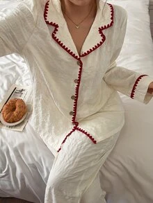 Napfluff Romantic Fresh Contrast Color Machine Embroidered Lace Trim Turn-Down Collar Coconut Button Long Sleeve Long Pants Women's Loungewear Set - Apricot - View 7
