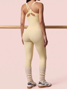 SHEIN BAE Women's Solid Color U-Neck Fashion Slim Fit Sports Jumpsuit - Butter Yellow - View 6