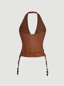SHEIN MOD Women's 1pc Knit Solid Deep V Neck Halter Backless Lace Up Beaded Drawstring Cropped Brown Coquette Sweet Boho Tank Top For Christmas Party Fall - Brown - View 2