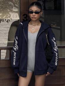 DAZY Women's Deep Blue Collar Zip-Up Letter Print Pocket Loose Drop Shoulder Long Sleeve Casual Sports Sweatshirt Jacket - Navy Blue - View 4
