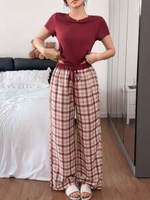 Napfluff 休閒居家與戶外穿著，格紋針織短袖女款睡衣長褲套裝 - 黃色 - 查看 5