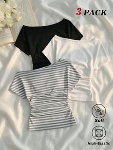 SHEIN MOD 休閒百搭抓皺不對稱單肩T恤，夏季上衣 - 淺灰色 - 查看 8