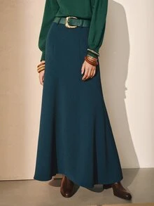 MOTF PREMIUM WOMEN'S HIGH WAIST SPLIT HEM SKIRT WITH BELT, FLARED SKIRT, AUTUMN/WINTER - Green - View 3