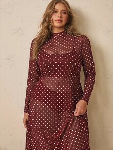 Freevana 大尺碼女款波點休閒日常夏季洋裝 - 酒紅色 - 查看 9