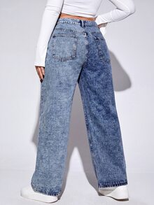 SHEIN ICON 大尺碼街頭時尚鈕扣口袋寬鬆牛仔褲 - 深色水洗藍 - 查看 5