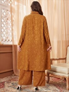 Mulvari 2pcs Textured Jacquard Contrast Button Plus Size Casual Set 2 Pieces Set - Yellow - View 2