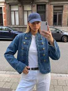 DAZY Women's Small Stand Collar Washed Button-Down Denim Jacket And Coat - Medium Wash - View 5