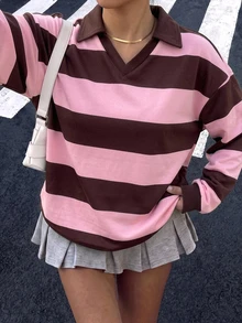 Muchica 女款休閒寬鬆 Polo 領運動衫，條紋拼接撞色街頭風衛衣 - 彩色 - 查看 5