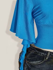 SHEIN ICON 女款純色重疊V領荷葉袖時尚T恤 - 藍色 - 查看 8