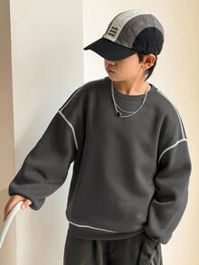 SHEIN Little Byeori 青少年男孩休閒韓系寬鬆百搭對比縫線深灰色圓領運動衫，適合通勤、上學、日常休閒外出與運動，秋冬款 - 深灰色 - 查看 7