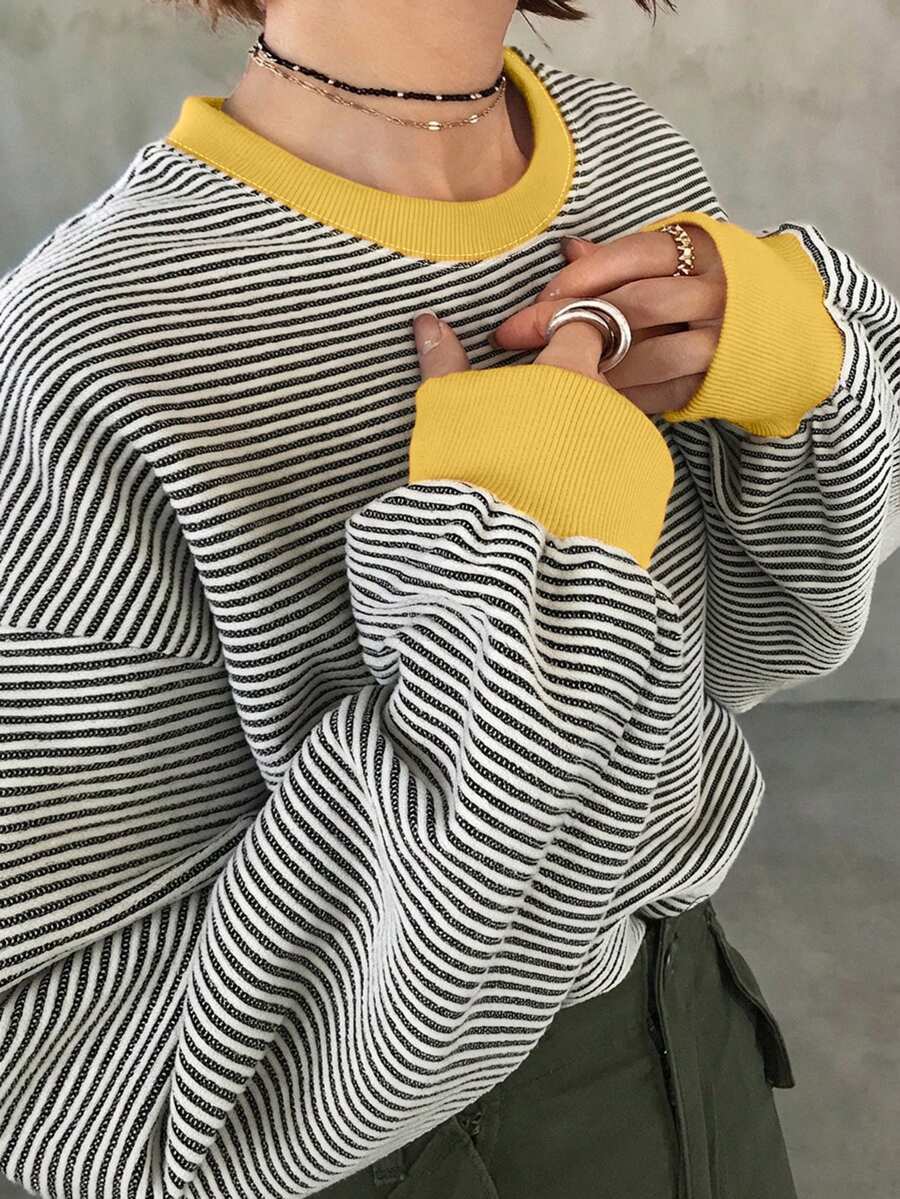 FRIFUL 女款拼色條紋圓領長袖時尚百搭T恤 - 黑色 - 查看 1