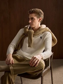 Manfinity CityGents Men's Solid Color Ribbed Polo Collar Sweater With Pony Logo, Minimalist Classic Everyday - White - View 3