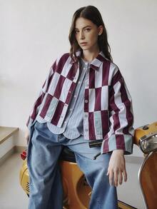 Nöista Chaqueta de mezclilla con cierre de botones delantero y cuello estampado - Burdeos - Ver 1