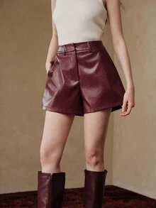 Anewsta Women's Metal Button PU Blazer Long Sleeve Jacket & Shorts Set, Fashionable Minimalist, Daily Commute, Autumn/Winter Outfit, Modern Style - Burgundy - View 6
