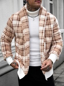 Manfinity CasualCool 男士秋冬格紋毛絨夾克，都市復興街頭風，休閒時尚，創意個性街頭穿搭 - 杏色 - 查看 1