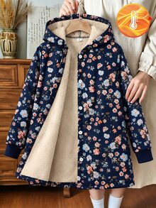 SHEIN 女童連帽加厚抓絨復古碎花中長版秋冬外套 - 藏蓝色 - 查看 1