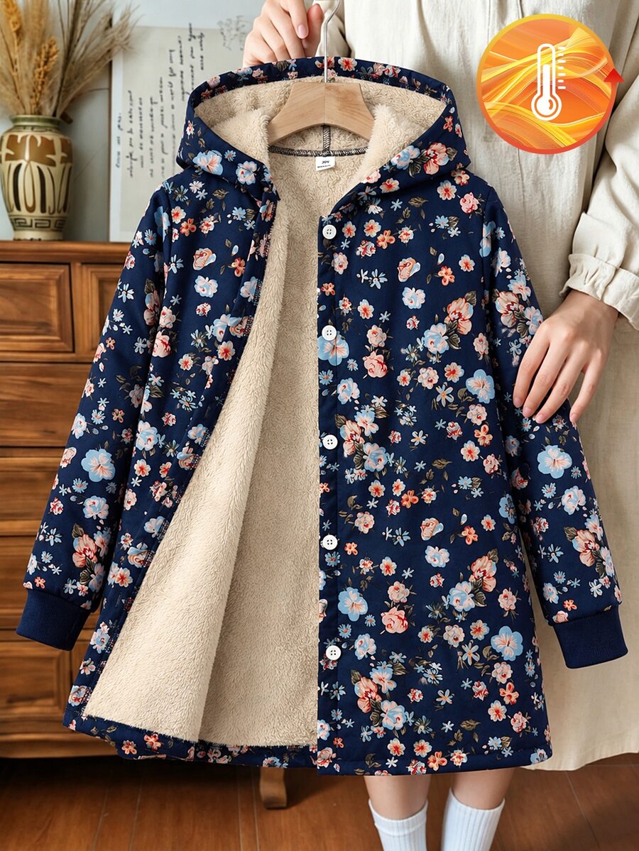SHEIN 女童連帽加厚抓絨復古碎花中長版秋冬外套 - 藏蓝色 - 查看 1