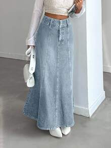 SHEIN PETITE Petite High Waist Casual Style Light Blue Wash Regular Fit Double Button Long Denim Skirt - Light Wash - View 2