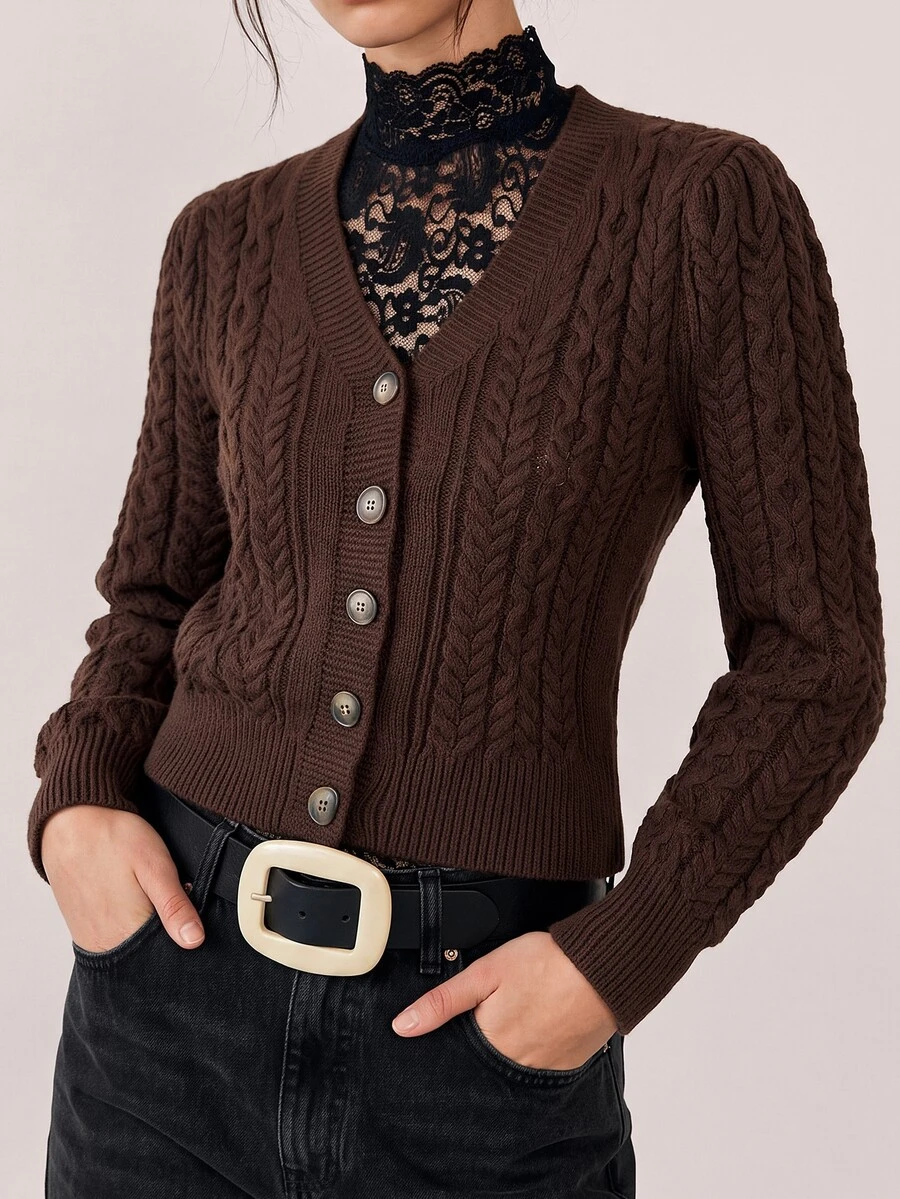 Freevana Elegant V-Neck Twisted Rope Cable Knit Single-Breasted Cardigan - Coffee Brown - View 1