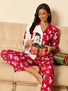 Betty Boop x SHEIN Bộ đồ ngủ nữ áo tay dài phối màu tương phản cài nút và quần dài in họa tiết hoạt hình - Đỏ và trắng - Xem 3