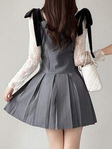 FRIFUL Women's Autumn Colorblock Spaghetti Strap Tie Bow Pleated Short Dress - Grey - View 2