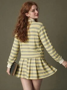 Elnivra Women's Letter Embroidered Striped Long Sleeve Single-Breasted Top And Pleated Skirt Casual 2 Pieces Set - Yellow - View 2