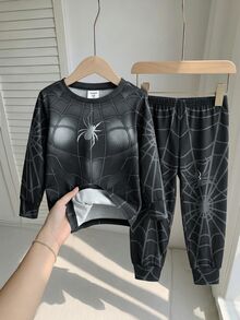 SHEIN 小男孩黑色蜘蛛圖案休閒極簡修身舒適加厚長袖圓領居家服褲裝，適合秋冬 - 黑色 - 查看 3